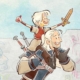 Childrens book stylized art of Geralt of Rivia giving Ciri a piggy back ride on the cover of the upcoming book, The Little Witcher.