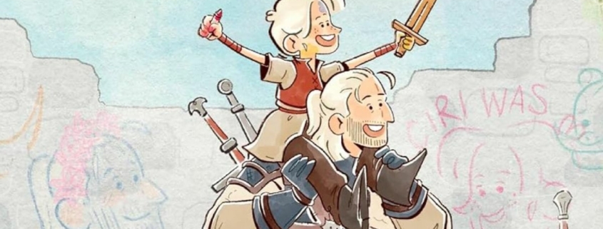 Childrens book stylized art of Geralt of Rivia giving Ciri a piggy back ride on the cover of the upcoming book, The Little Witcher.