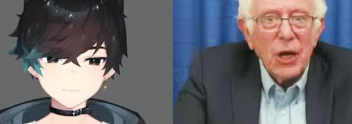 A black-haired anime catboy avatar next to Bernie Sanders sitting in front of blue background