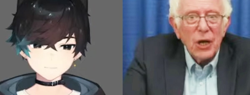 A black-haired anime catboy avatar next to Bernie Sanders sitting in front of blue background