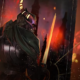 Artwork from Champions Tactics, featuring a warrior wielding a thin blade with a horned helmet amidst burning ruins.