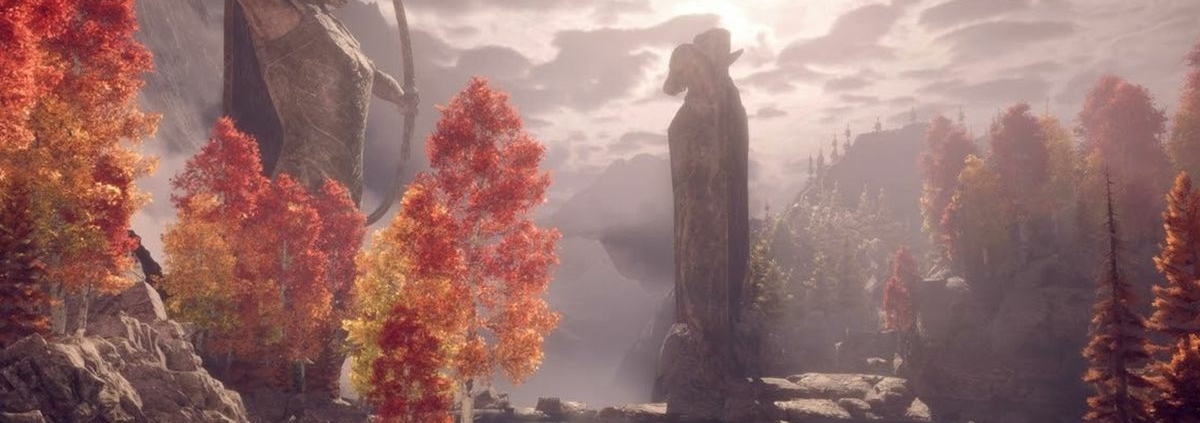 Dragon Age: The Veilguard ASMR thumbnail - image of two giant statues in the Arlathan Forest