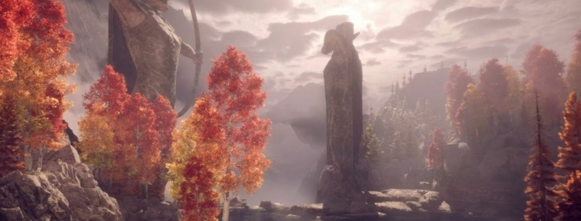 Dragon Age: The Veilguard ASMR thumbnail - image of two giant statues in the Arlathan Forest