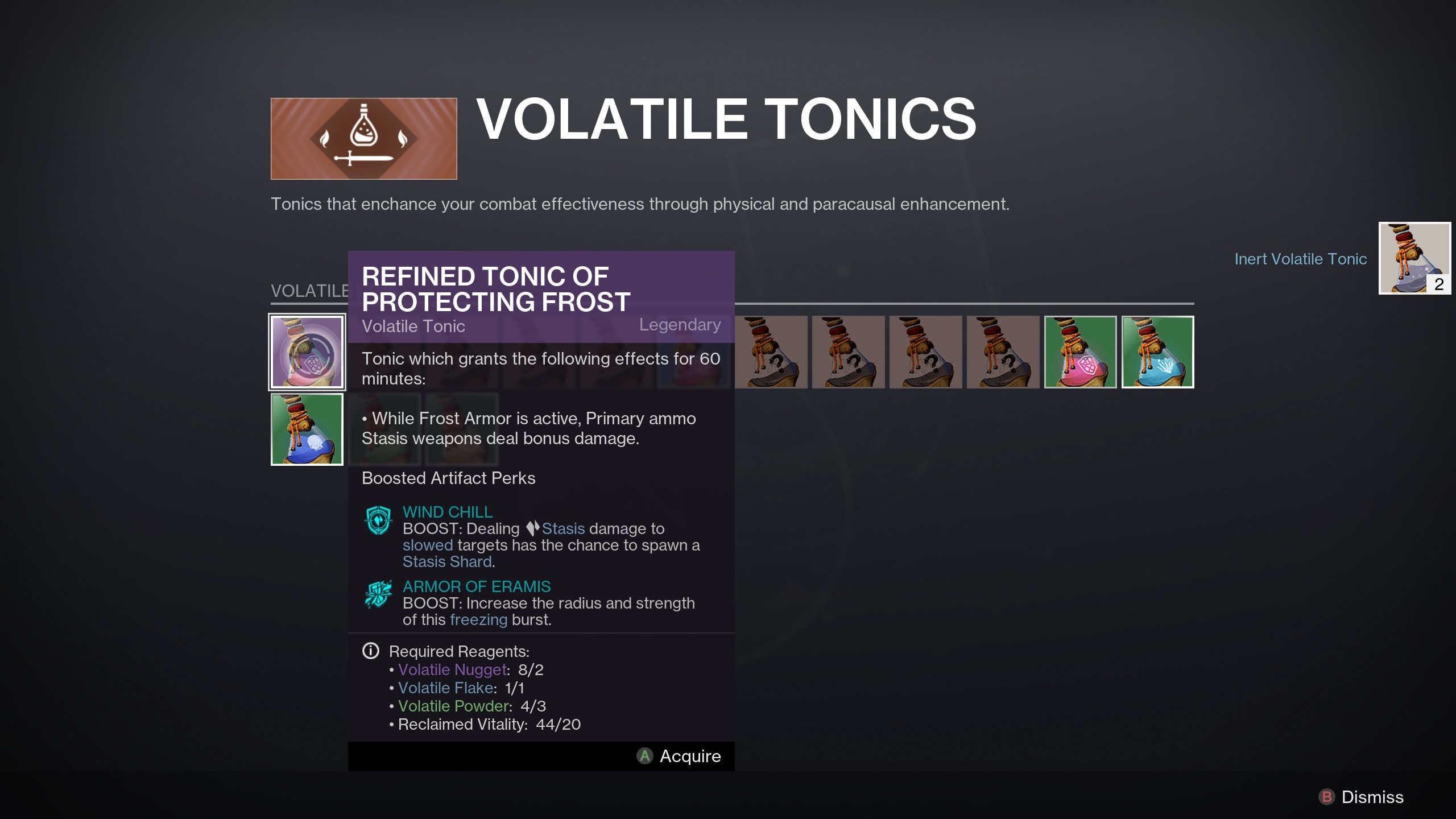 Destiny 2 tonics - Volatile tonic menu