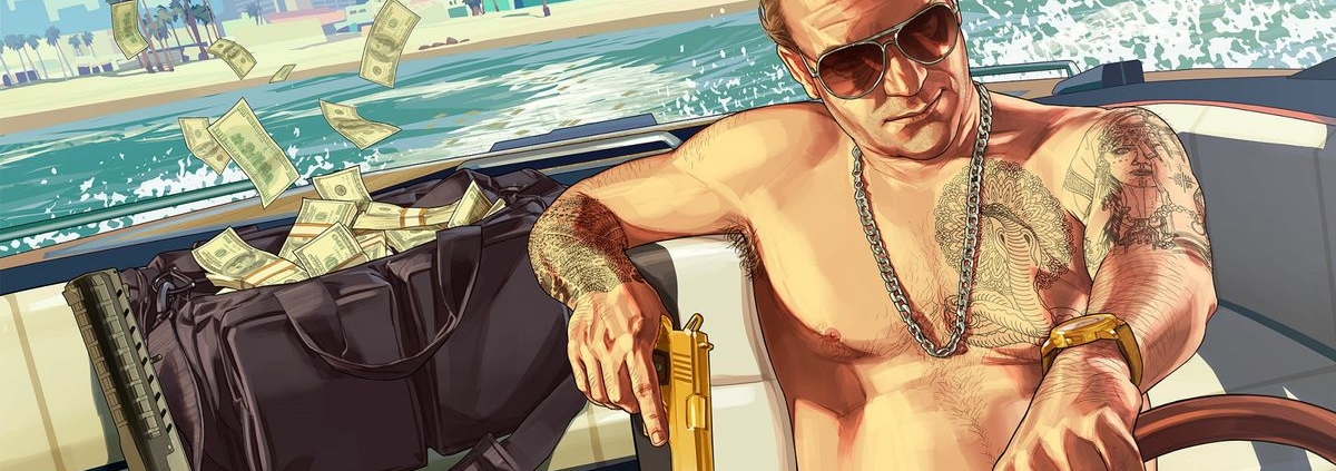 A man holding a gun drives a boat as money flies out the back in GTA Online