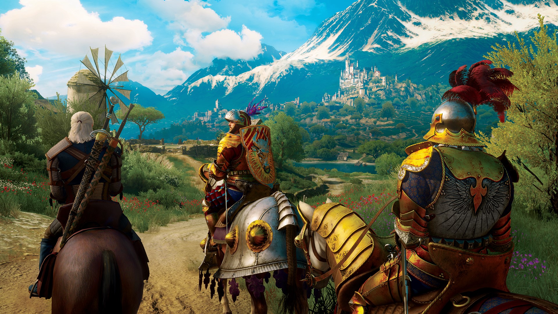 Geralt riding in the open world in The Witcher 3.