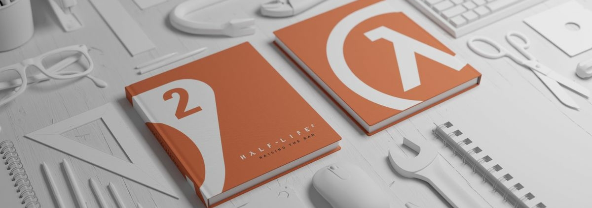 Render of the new Half-Life 2: Raising the Bar art book, with an orange cover featuring a zoomed-in Lambda symbol spread over the front, back, and spine, all in a field of bone-white office supplies neatly arranged in a grid.