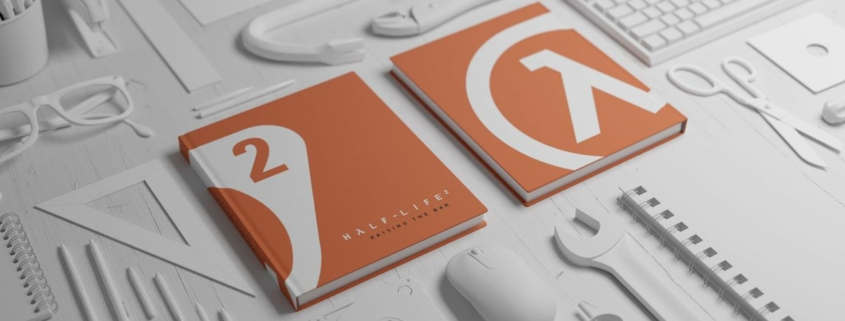 Render of the new Half-Life 2: Raising the Bar art book, with an orange cover featuring a zoomed-in Lambda symbol spread over the front, back, and spine, all in a field of bone-white office supplies neatly arranged in a grid.