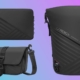 Three of Asus ROG's fourth generation Slash bags float in a blue-magenta gradient void. The backpack, sling bag, and sleeve all feature a black all-over colourway with an indent design on the bottom left corner of each bag that looks a bit like tire tracks.