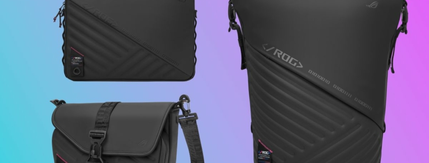 Three of Asus ROG's fourth generation Slash bags float in a blue-magenta gradient void. The backpack, sling bag, and sleeve all feature a black all-over colourway with an indent design on the bottom left corner of each bag that looks a bit like tire tracks.