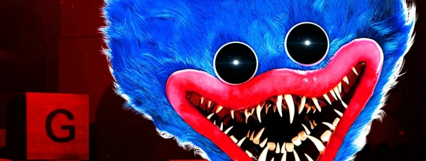 Fuzzy children's show character with blue fur but rendered monstrous with void eyes and rows of shark teeth