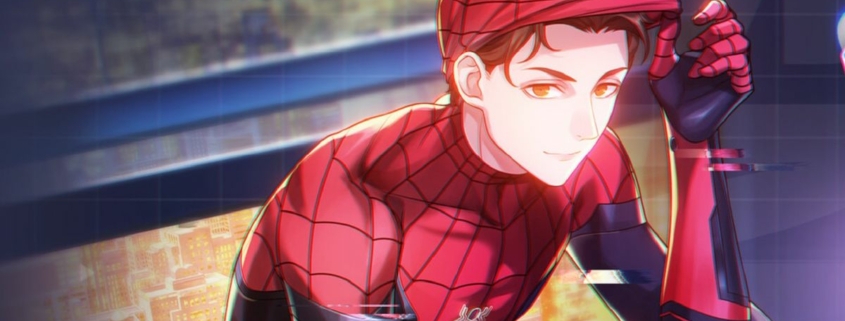 Anime-style Spider-Man lifting up his mask to reveal his face.