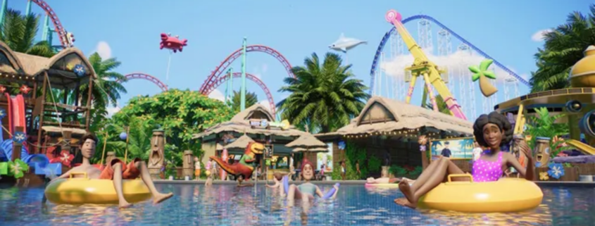 People swimming in a pool and lying on floats