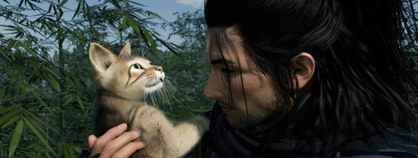 Rise of the Ronin screenshot - some guy cuddling a cat