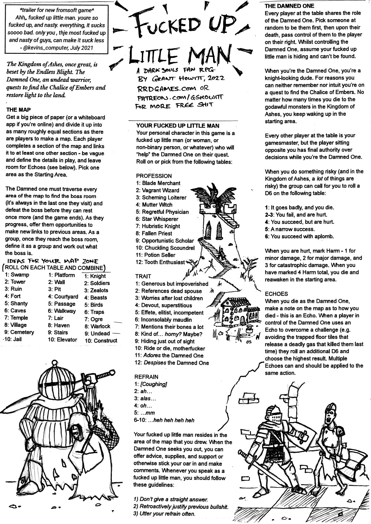 Rules page for Fucked Up Little Man, a tabletop RPG about roleplaying the NPCs from FromSoftware games.