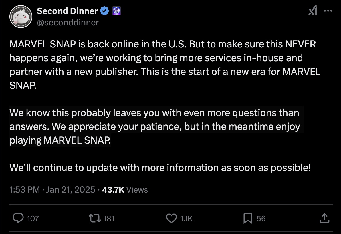 Second Dinner discusses ban on Marvel Snap in wake of US TikTok blackout