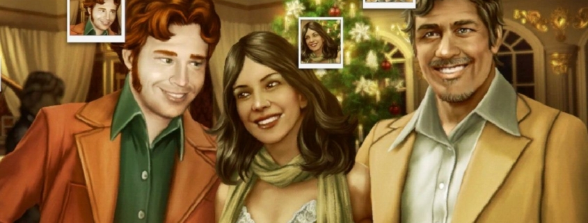 Close up of three people at a Christmas party in The Roottrees are Dead, with picture in picture close ups of each individual's head.