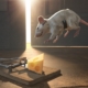 A conceptual image illustrating strategy and risk with a white mouse hanging mid-air in a harness, wearing a communication headset with earpiece and microphone being lowered towards a primed mousetrap load with Swiss cheese on a tiled floor. Light From a slightly ajar door illuminates the scene.