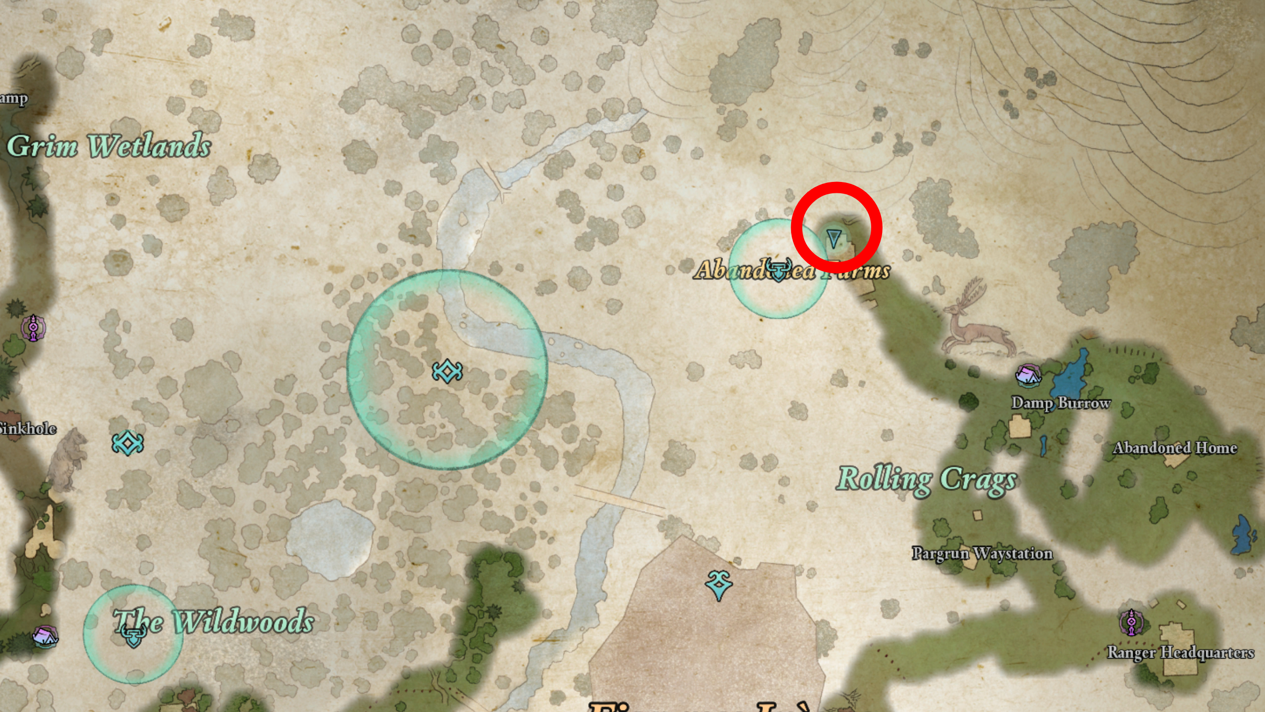 Avowed Totem of Defiance locations - A map showing the location of the Sacrificial Dagger in the Abandoned Farm.