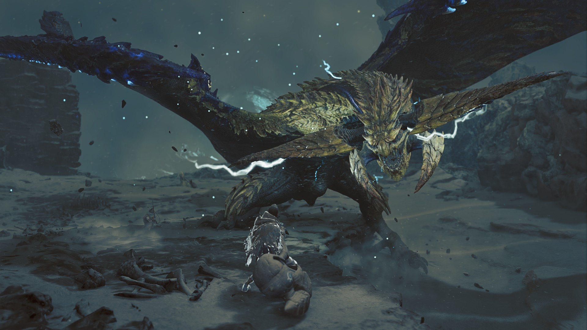 A Rey Dau looms over a hammer-wielding hunter in Monster Hunter Wilds.