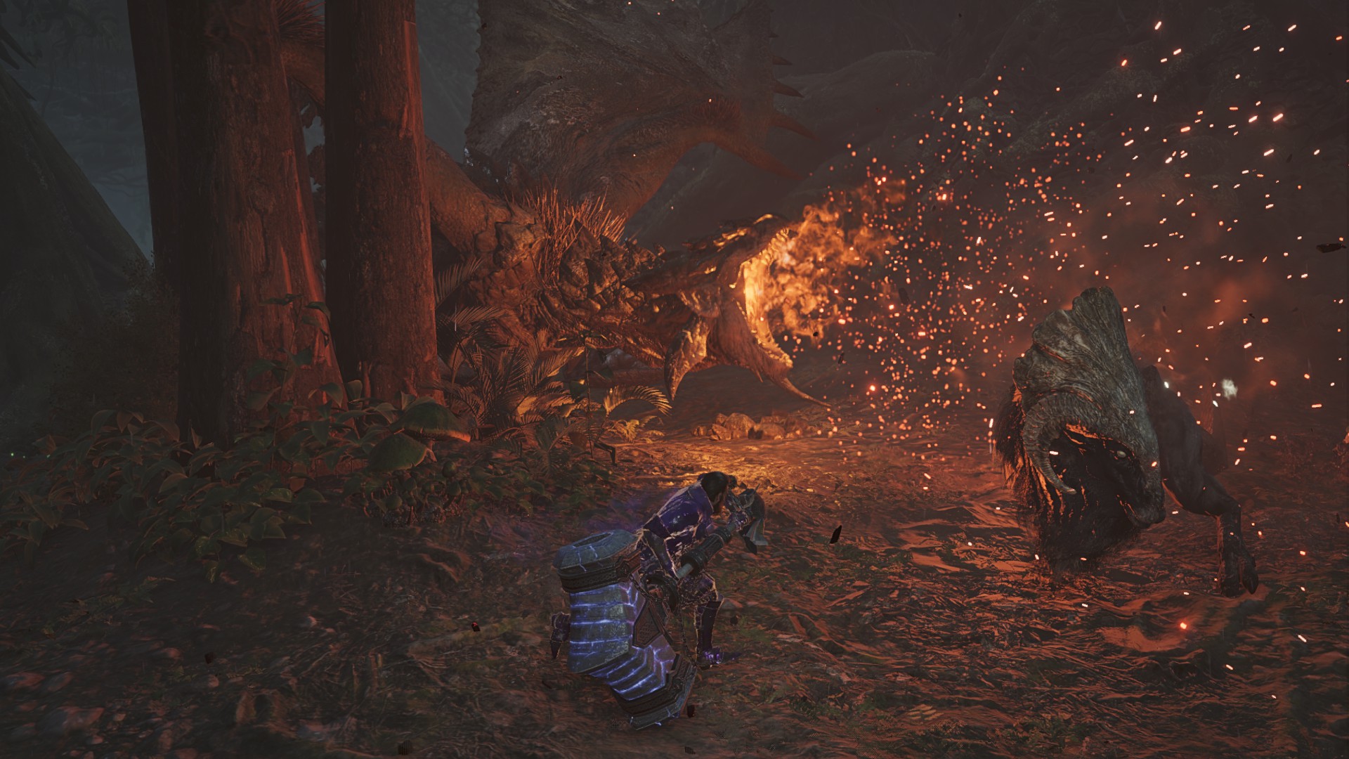 A Rathain unleashes a withering fire blast in Monster Hunter Wilds, catching an unsuspecting Dalthydon with the flames.