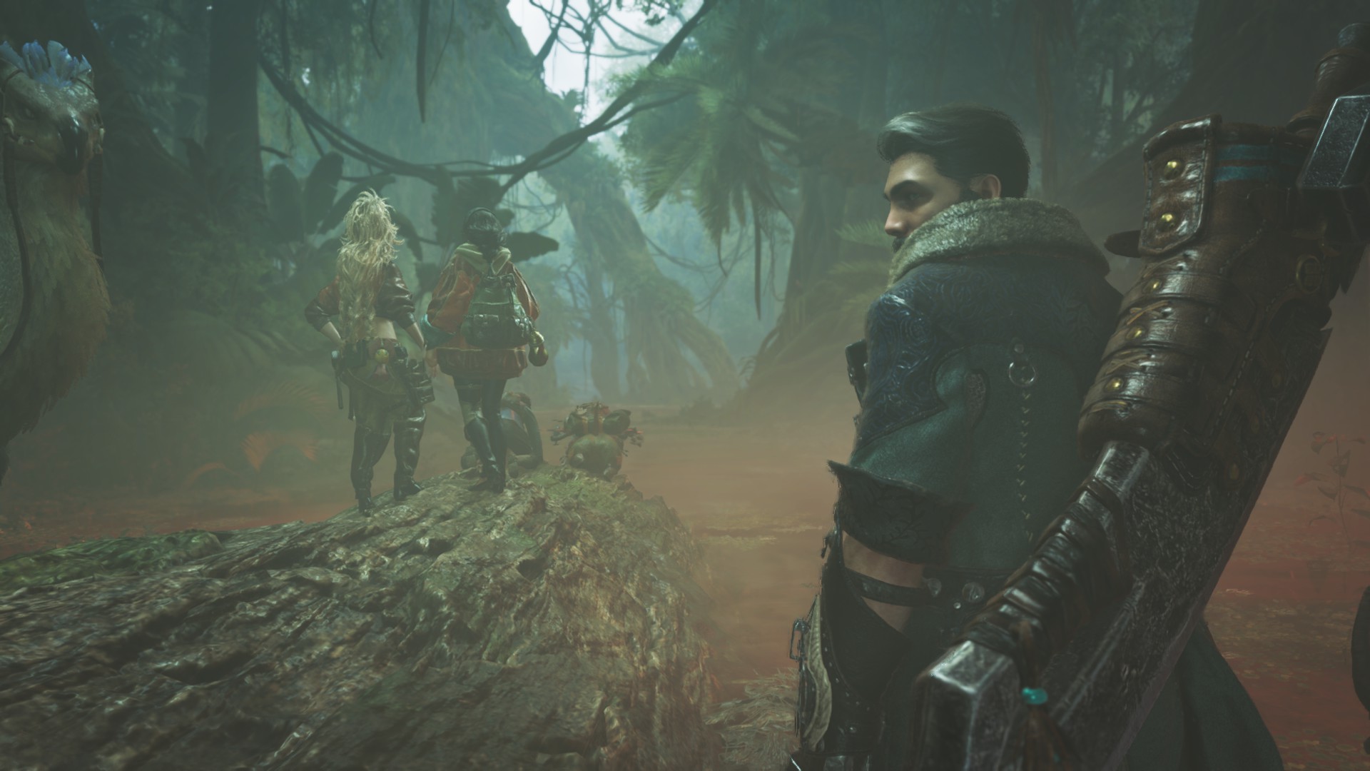 The Hunter, Alma, and Gemma investigate the Scarlet Forest in Monster Hunter Wilds.