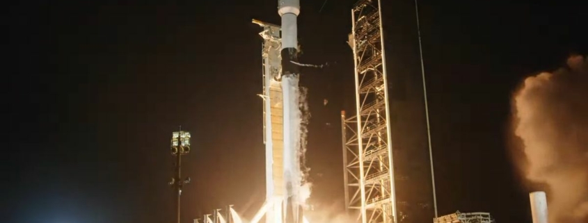 A SpaceX rocket being launched into space carrying a payload with the first datacentre for the moon.