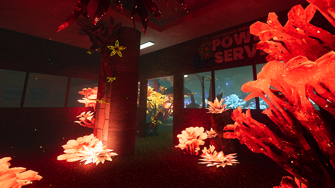 Abiotic Factor's power services area, filled with bioluminescent flowers and fungi glowing red