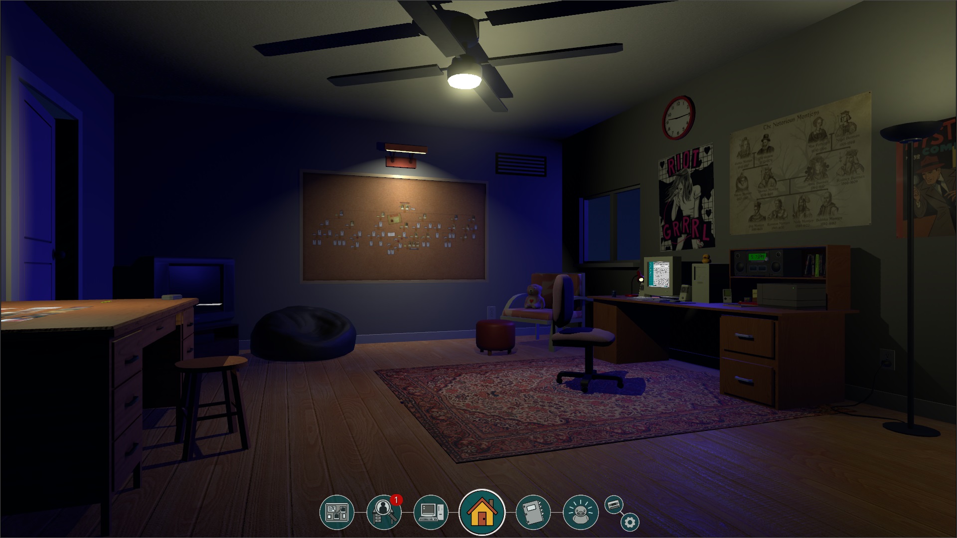 view of The Roottrees are Dead's 3D interior detective hideout in which the game takes place.