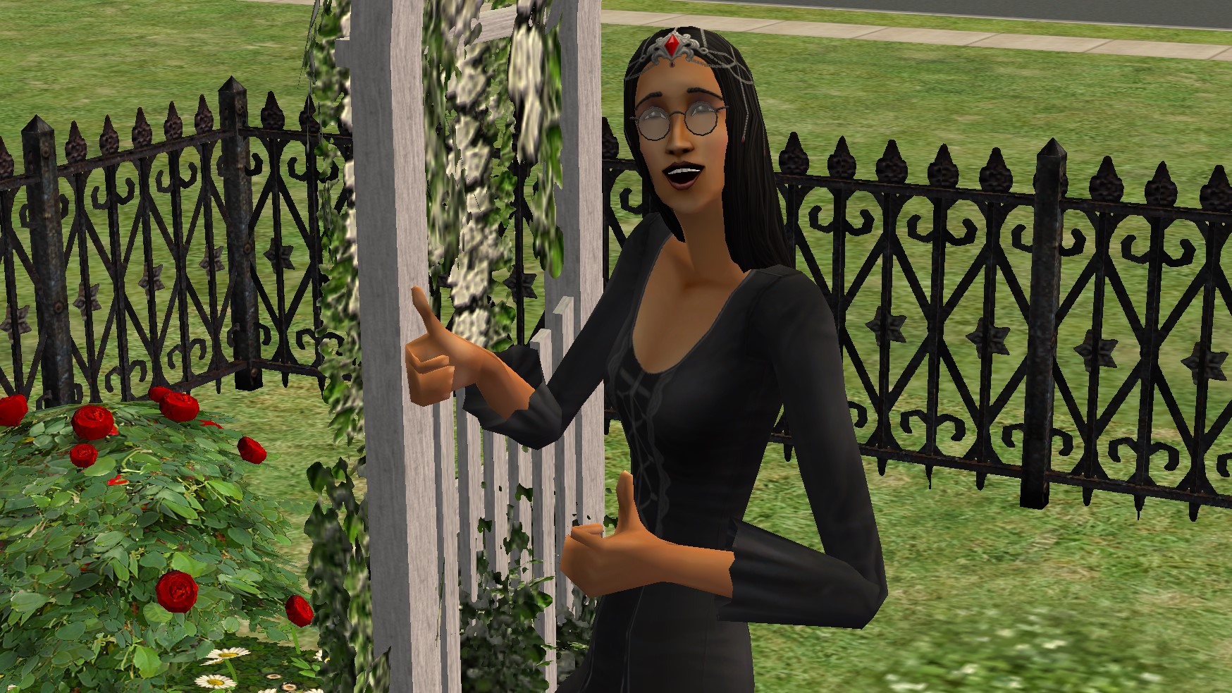 The Sims 2- Cassandra Goth with an elongated spine gives a thumbs up