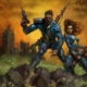 Male and Female Vault Dweller holding guns and cresting a hill with ruined city in background