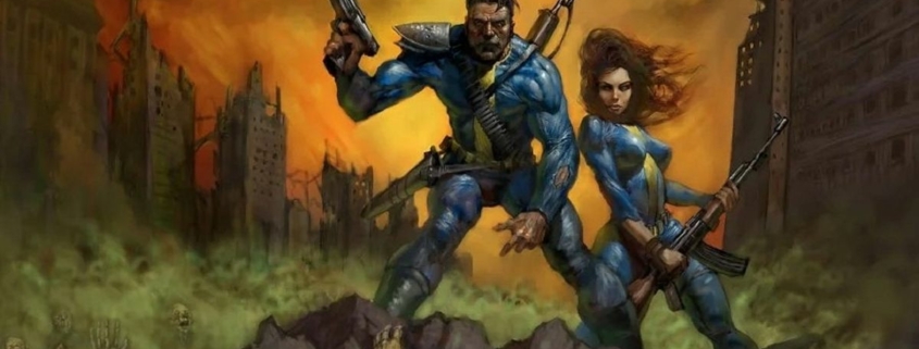 Male and Female Vault Dweller holding guns and cresting a hill with ruined city in background