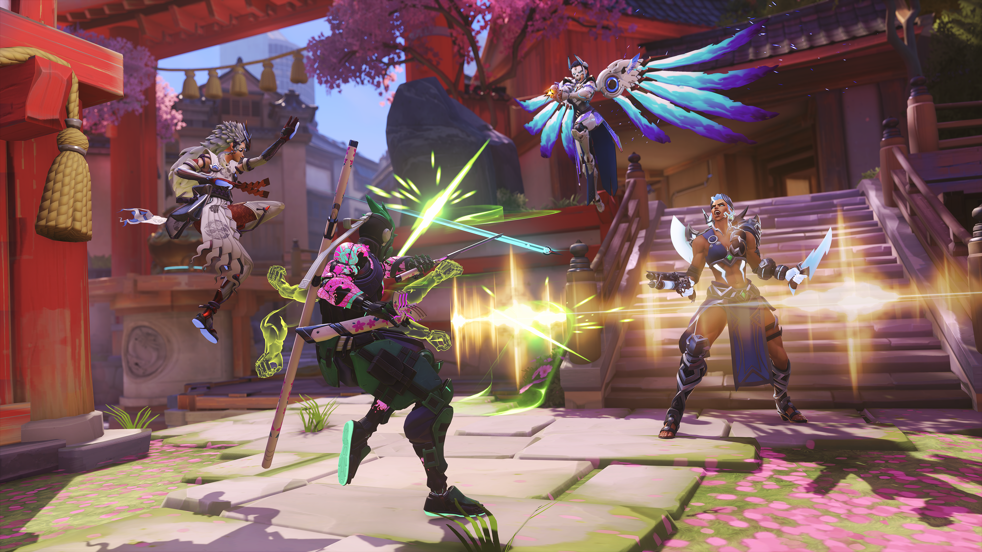 Overwatch 2 heroes battling on the new Hanoaka map