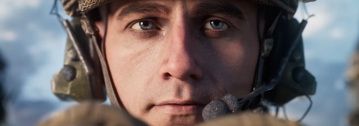 A soldier looks out over the Verdansk map, as a single tear rolls down his cheek.