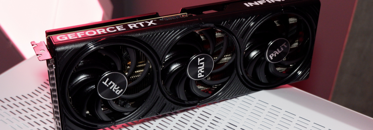 A Palit RTX 5060 Ti Infinity 3 with three fans and 16 GB of memory on a computer.