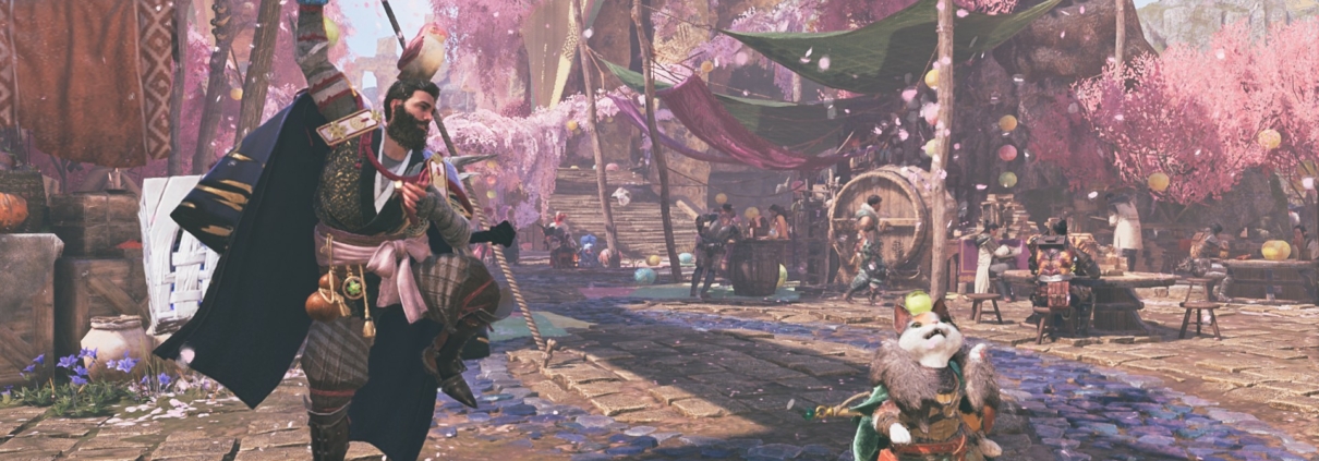 A hunter and palico toss cherry blossoms in the air in Monster Hunter Wilds.