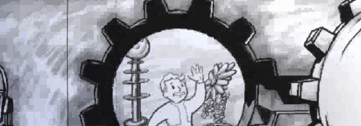 Vault Boy waves through a Vault door