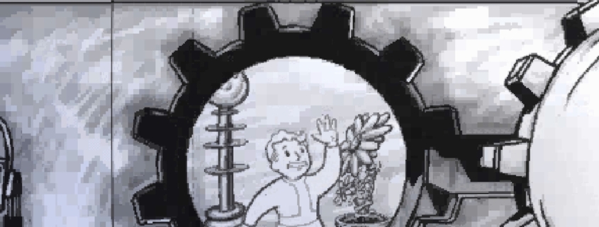 Vault Boy waves through a Vault door