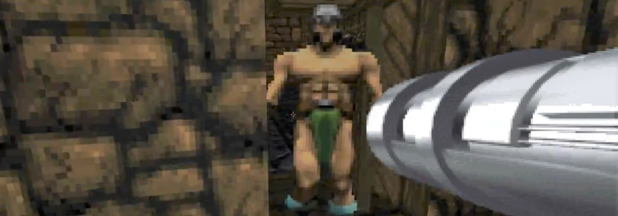 aiming a rocket launcher at a Daggerfall enemy in a dungeon room