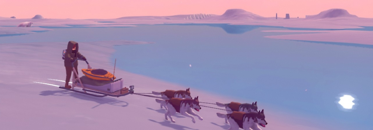 A researcher rides a dogsled across a polar expanse at sunset in Arctico.