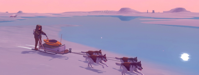 A researcher rides a dogsled across a polar expanse at sunset in Arctico.