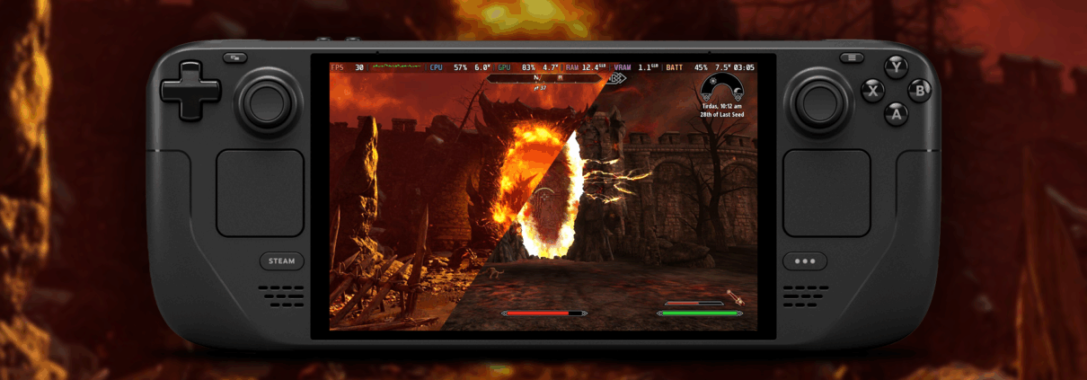 An image of a Steam Deck showing two versions of an Oblivion gate from Oblivion