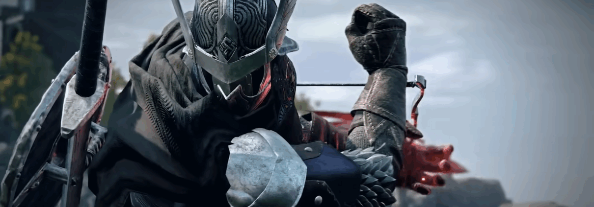 An Elden Ring Nightreign character clad in full armor, rearing back what looks to be a small crossbow before firing.