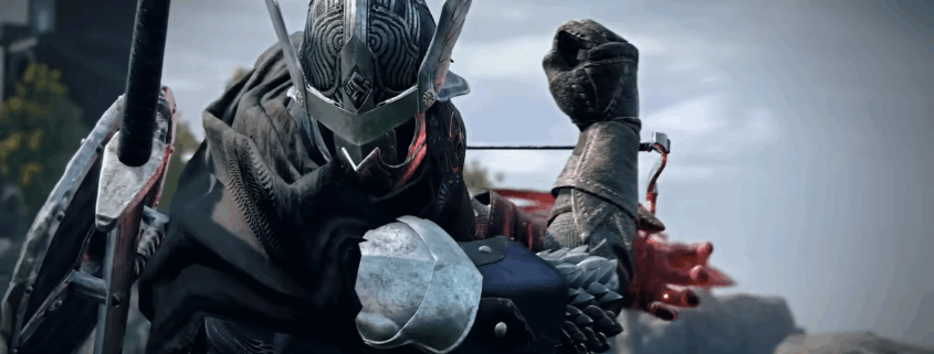 An Elden Ring Nightreign character clad in full armor, rearing back what looks to be a small crossbow before firing.