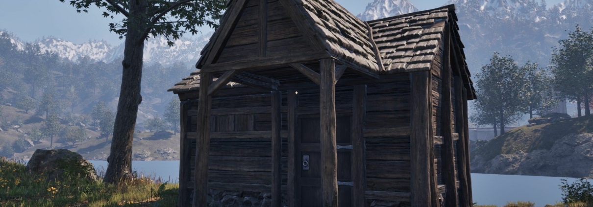 A shack next to a tree by the water
