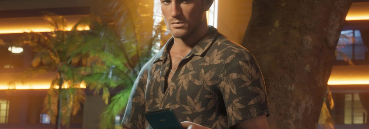 Jason, one of the protagonists of GTA 6, holding a phone.