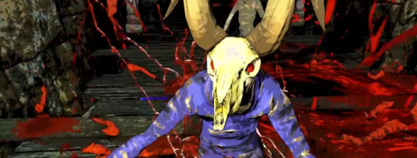 Mortal Sin little goat skull head goblin amid cloud of blood