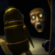 One of Repo's player characters, resembling a yellow pedal bin with googly eyes, encounters a skeletal, open mouthed face with glowing yellow eyes.