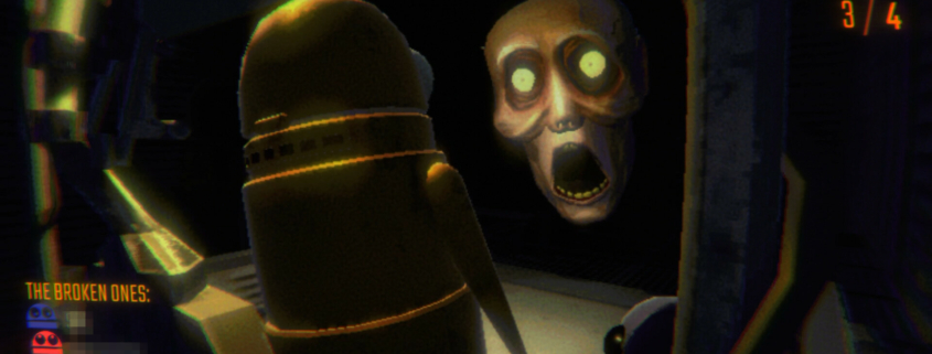One of Repo's player characters, resembling a yellow pedal bin with googly eyes, encounters a skeletal, open mouthed face with glowing yellow eyes.