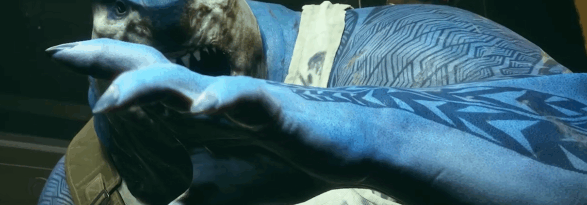 An image of King Shark, a huge, sharklike humanoid, looking aghast in Suicide Squad: Kill the Justice League.